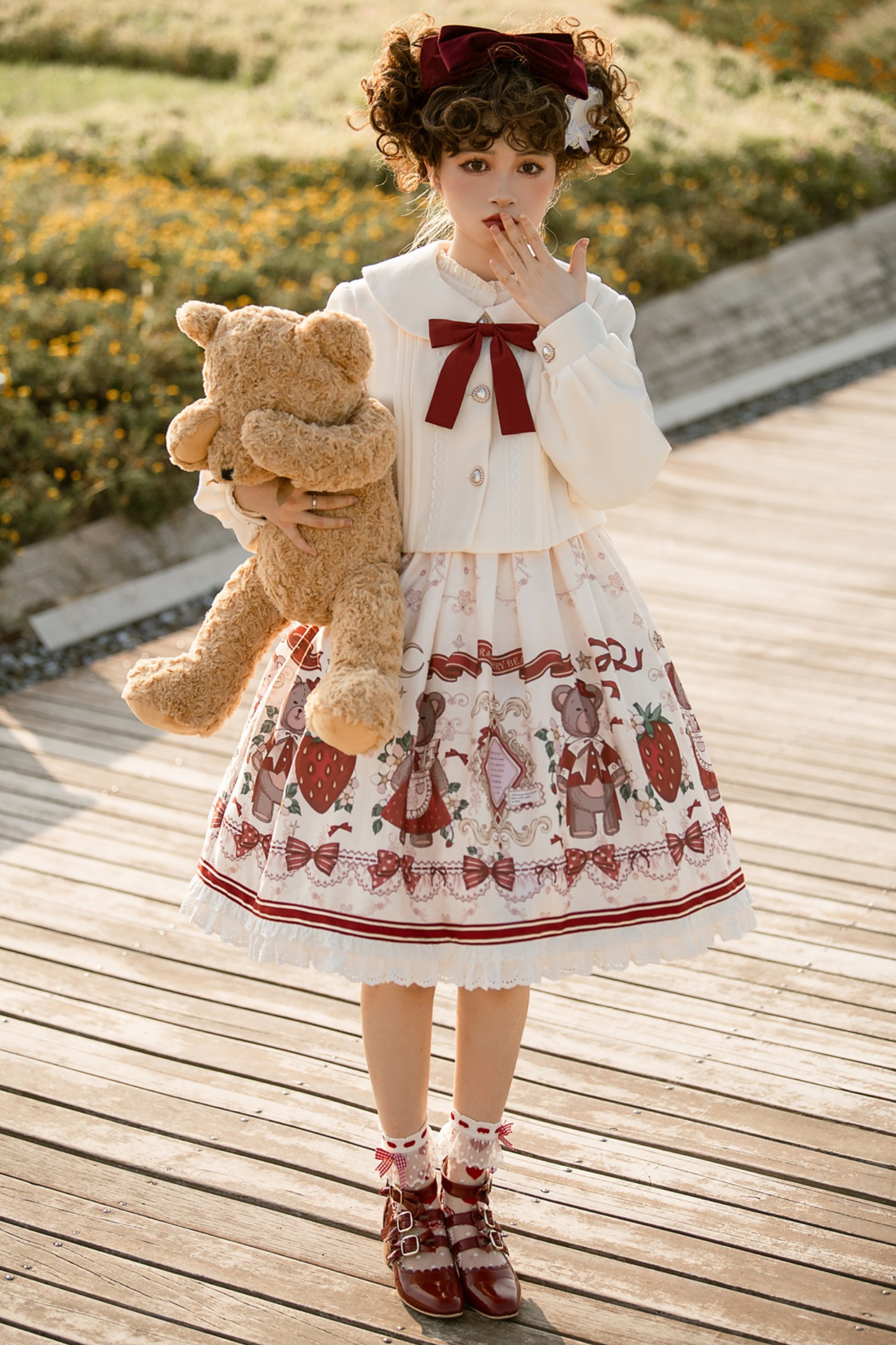 Bear Strawberry Doll Lolita Dress + Short Milk Jacket