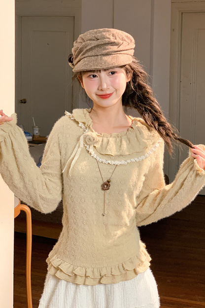 レースカラーロングスリーブトップス