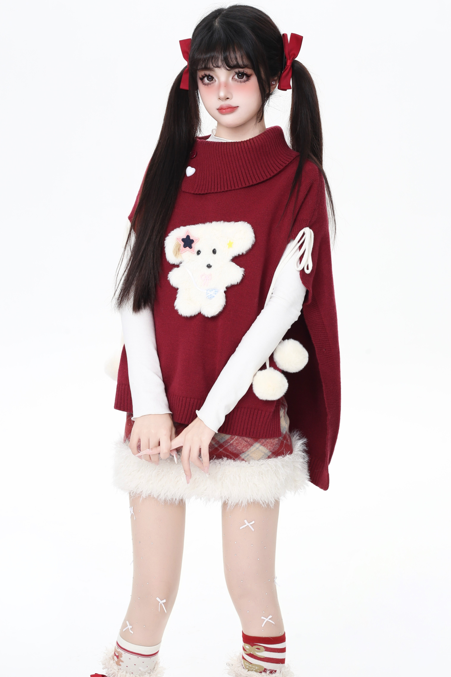 タートルネックショールニットプルオーバーケープ