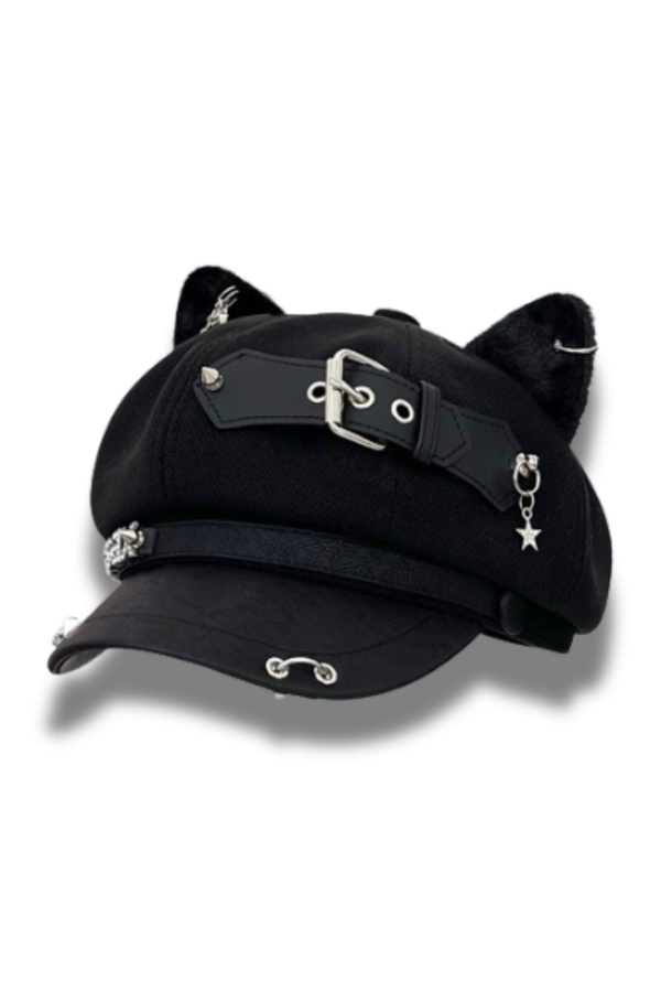 Studded Leather Cat Ear Beret
