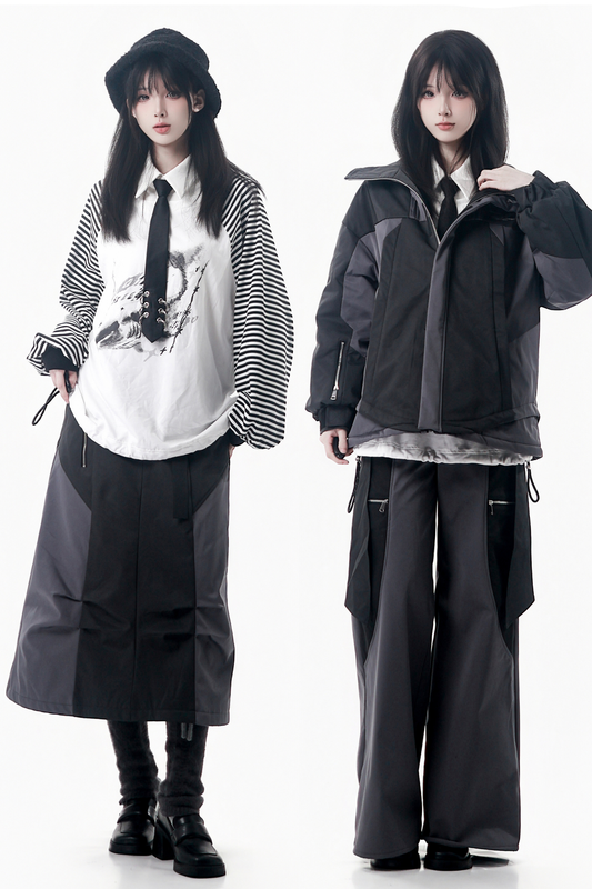 ダークグレーカラーブロッキングジャケット+パンツ+スカート+トップス