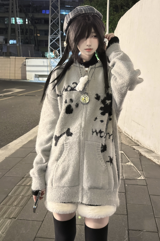 猫耳フードルーズジップカーディガン