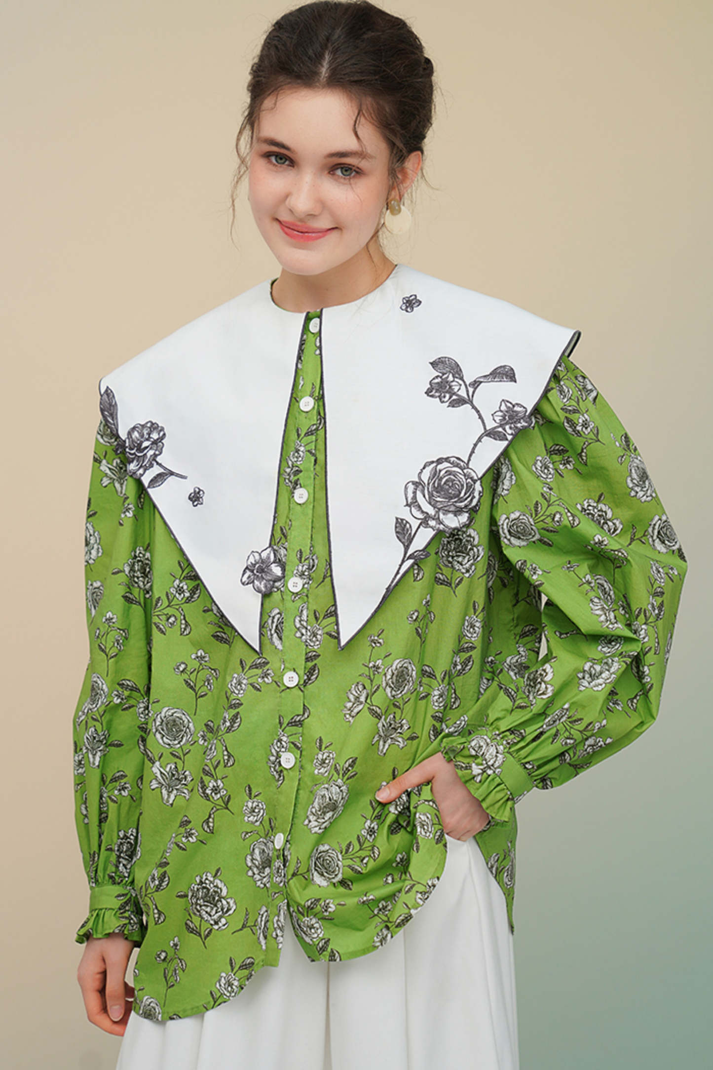 グリーンローズフレンチヴィンテージプリントシャツ
