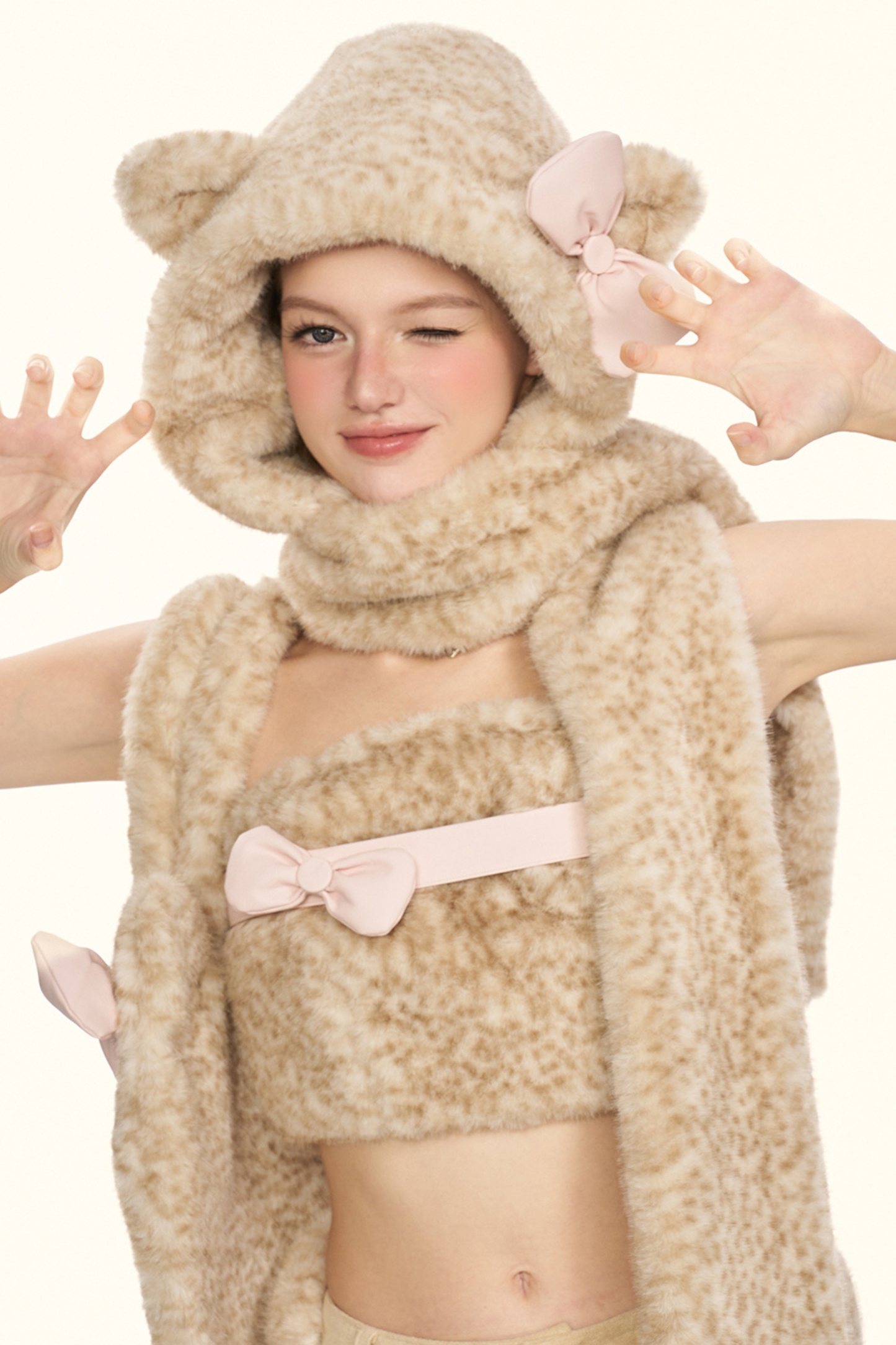 リトルミルクリボンレオパードマフラーハット