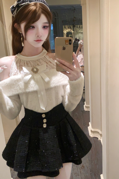 レースオフショルダーニット+スカート