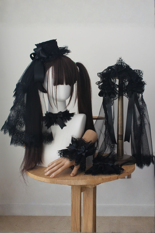 ダークレースゴシックハット+ベール+ヘアバンド+チョーカー+スリーブ