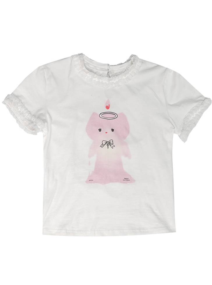 Candle Cat Angel Frill Lace T -shirt