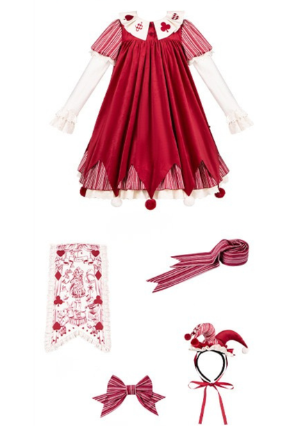 ドールサーカスピエロロリータドレス+カチューシャ+ベルト+リボン+カチューシャ+バッフル