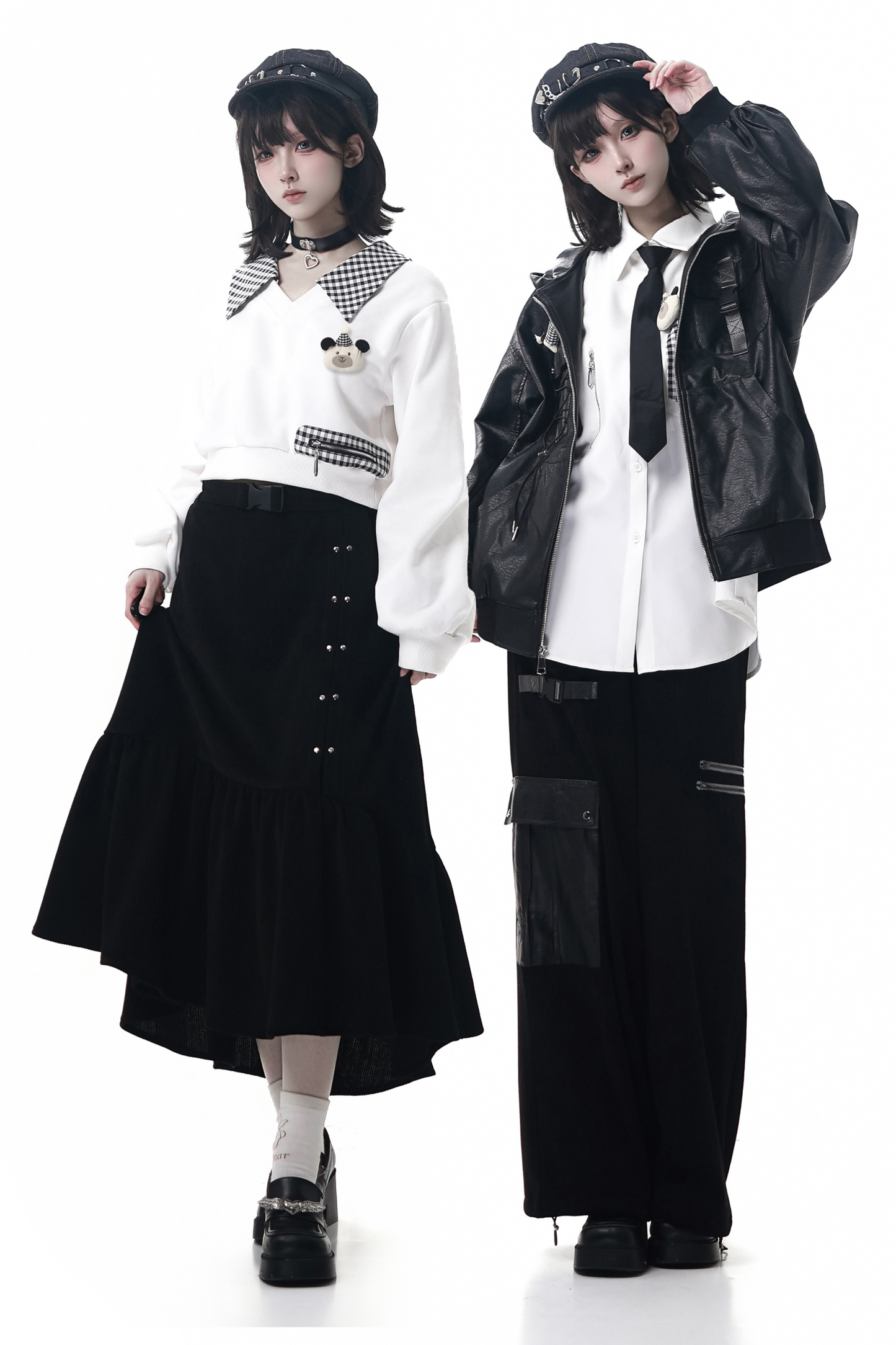 Leather jacket + shirt + long pants + sweatshirt + skirt