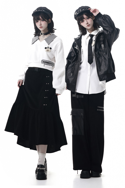 Leather jacket + shirt + long pants + sweatshirt + skirt