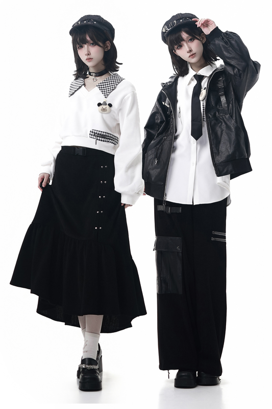 レザージャケット+シャツ+ロングパンツ+スウェット+スカート