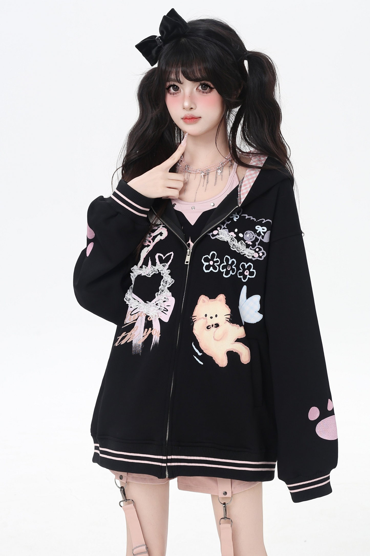 Animal Illustration Loose Zip Hoodie
