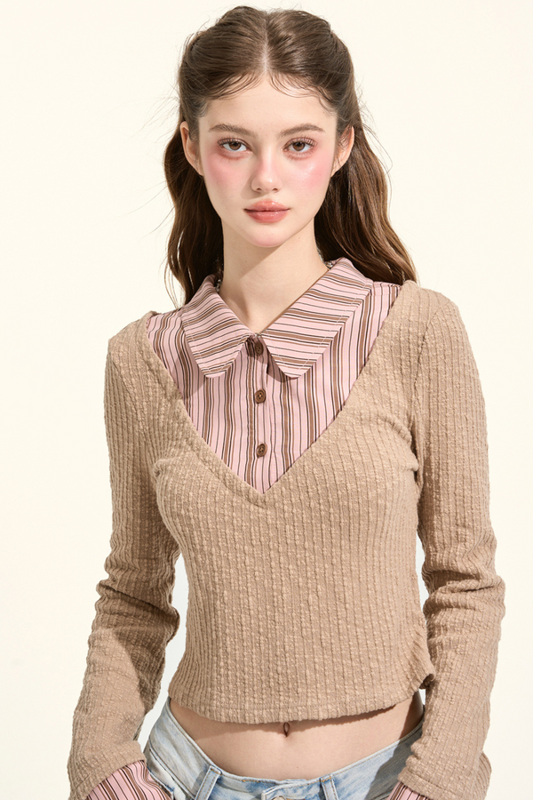 Preppy Style Striped Collar Faux Two-piece Knit