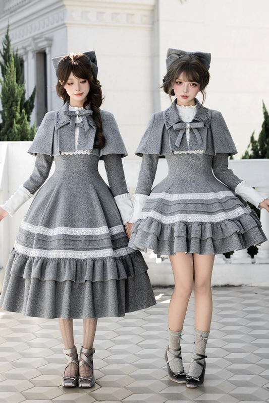 Elegant Ruffled Cape Coat + Dress + Hair Accessories + Brooch