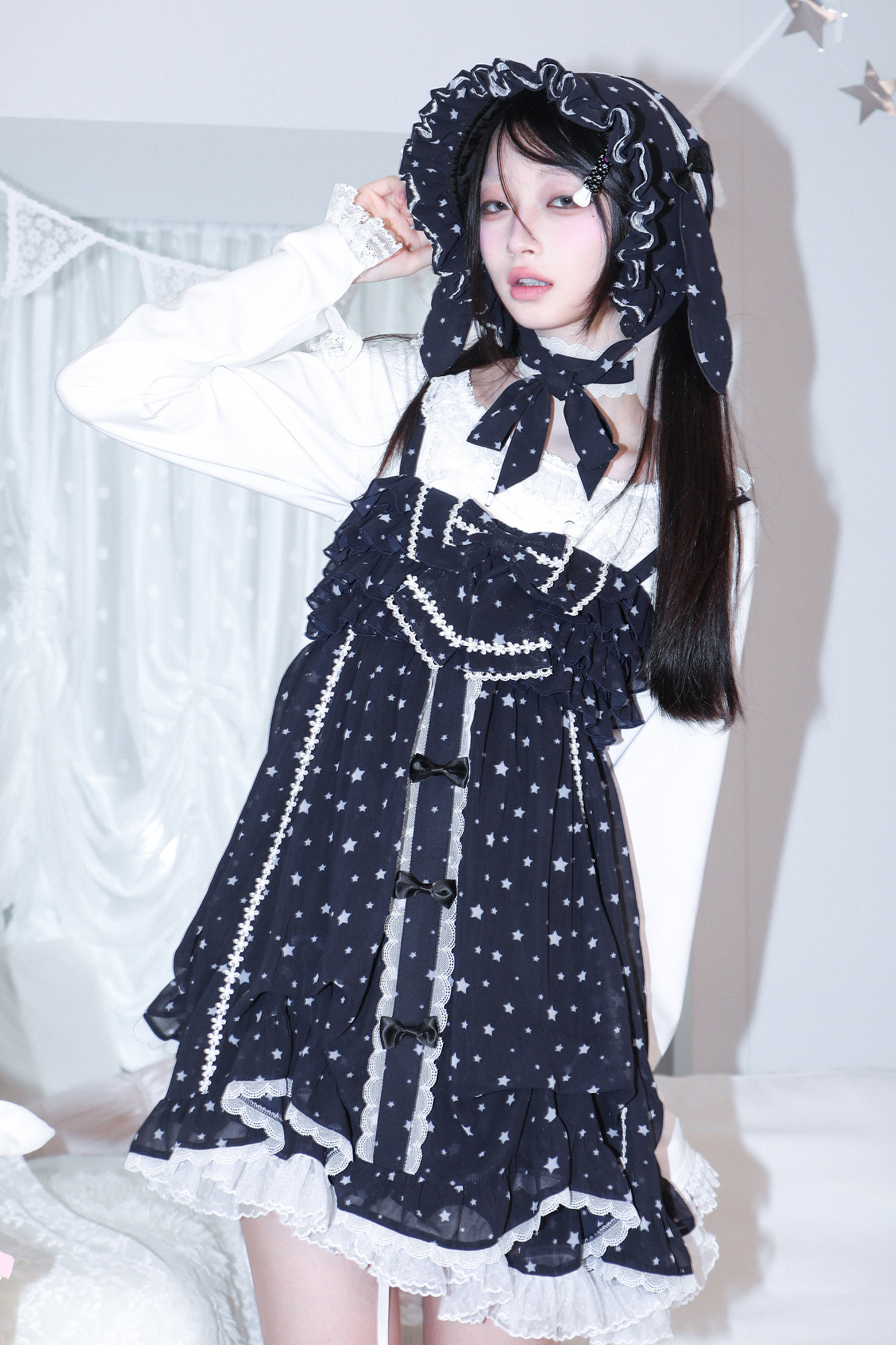 ドットシフォンサンドレス+ラビットハット