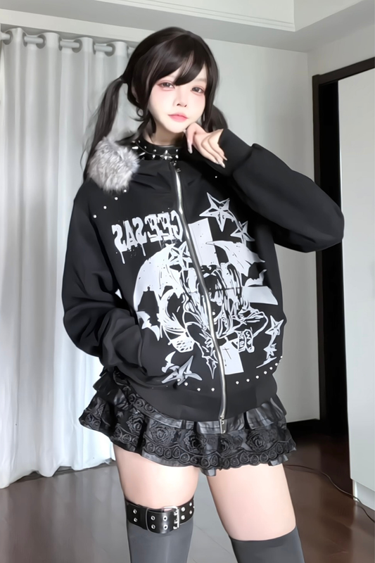 Fur collar dark design hooded parka