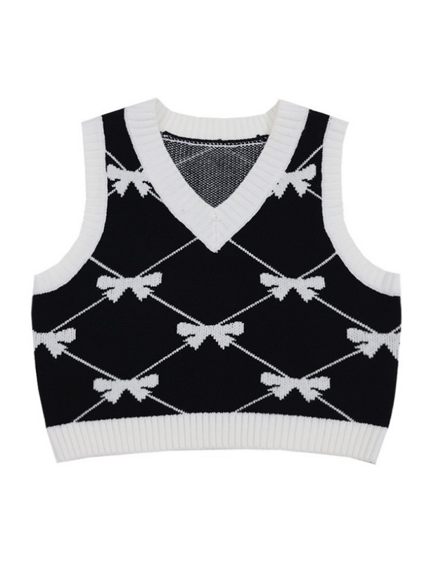 Bow tie blouse + ribbon design vest + pleated skirt