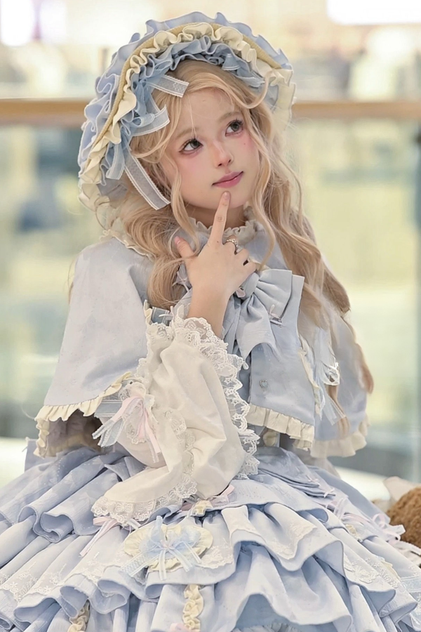 レイヤーフリルスイートプリンセスロリータジャンパースカート+テール+ヘアバンド+ケープ+ボンネット