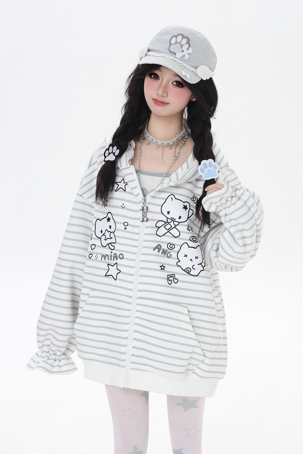 Border Loose Cat Design Hooded Hoodie