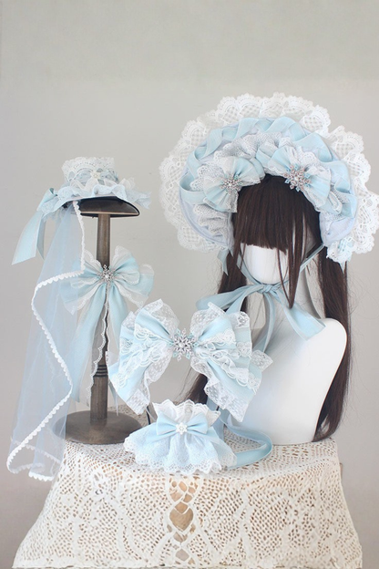 レースロリータボネットハット+カチューシャ+スリーブ+ピン+ハット+ベール