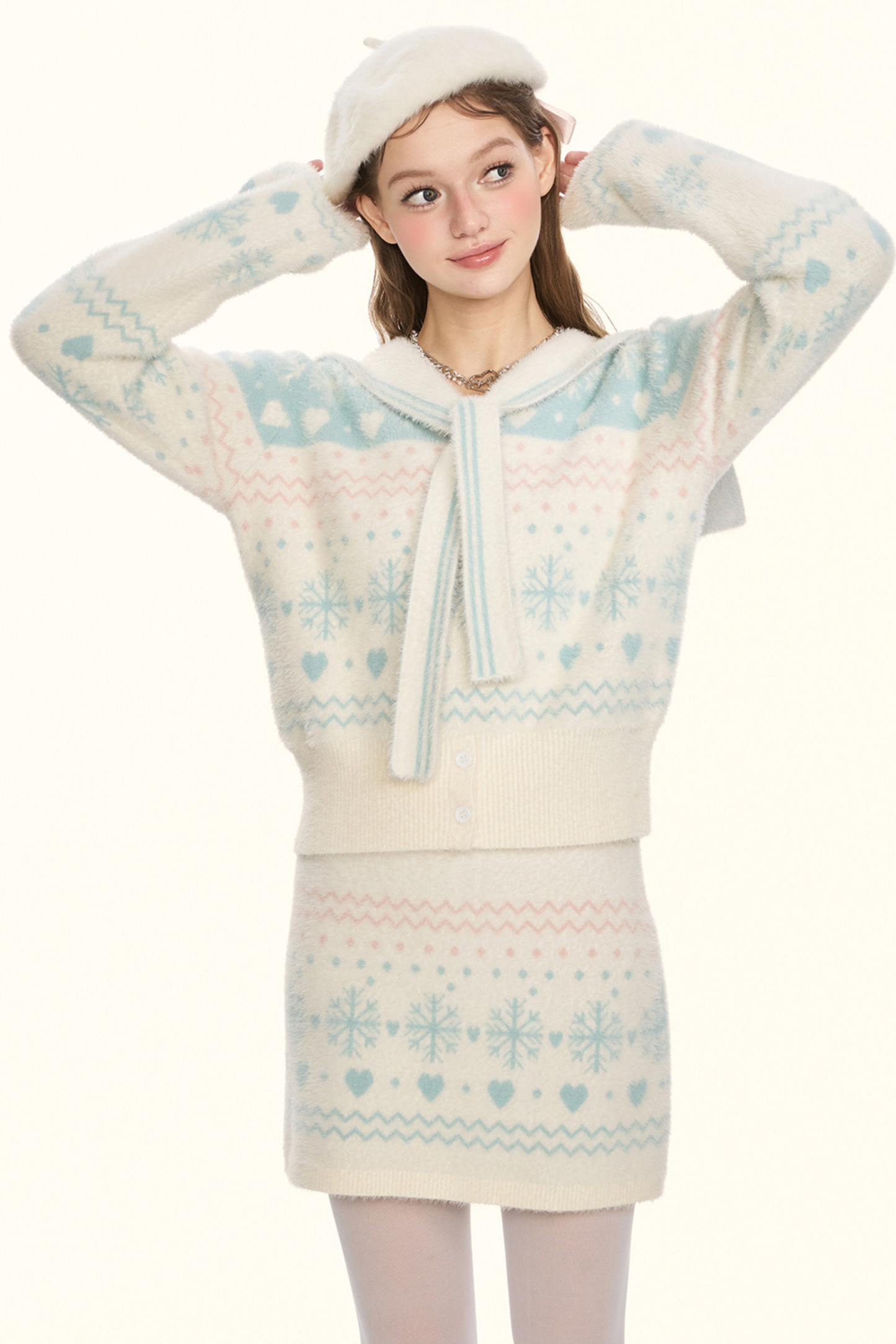 Snowflake sailor collar knit + tight skirt