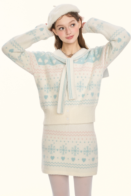Snowflake sailor collar knit + tight skirt