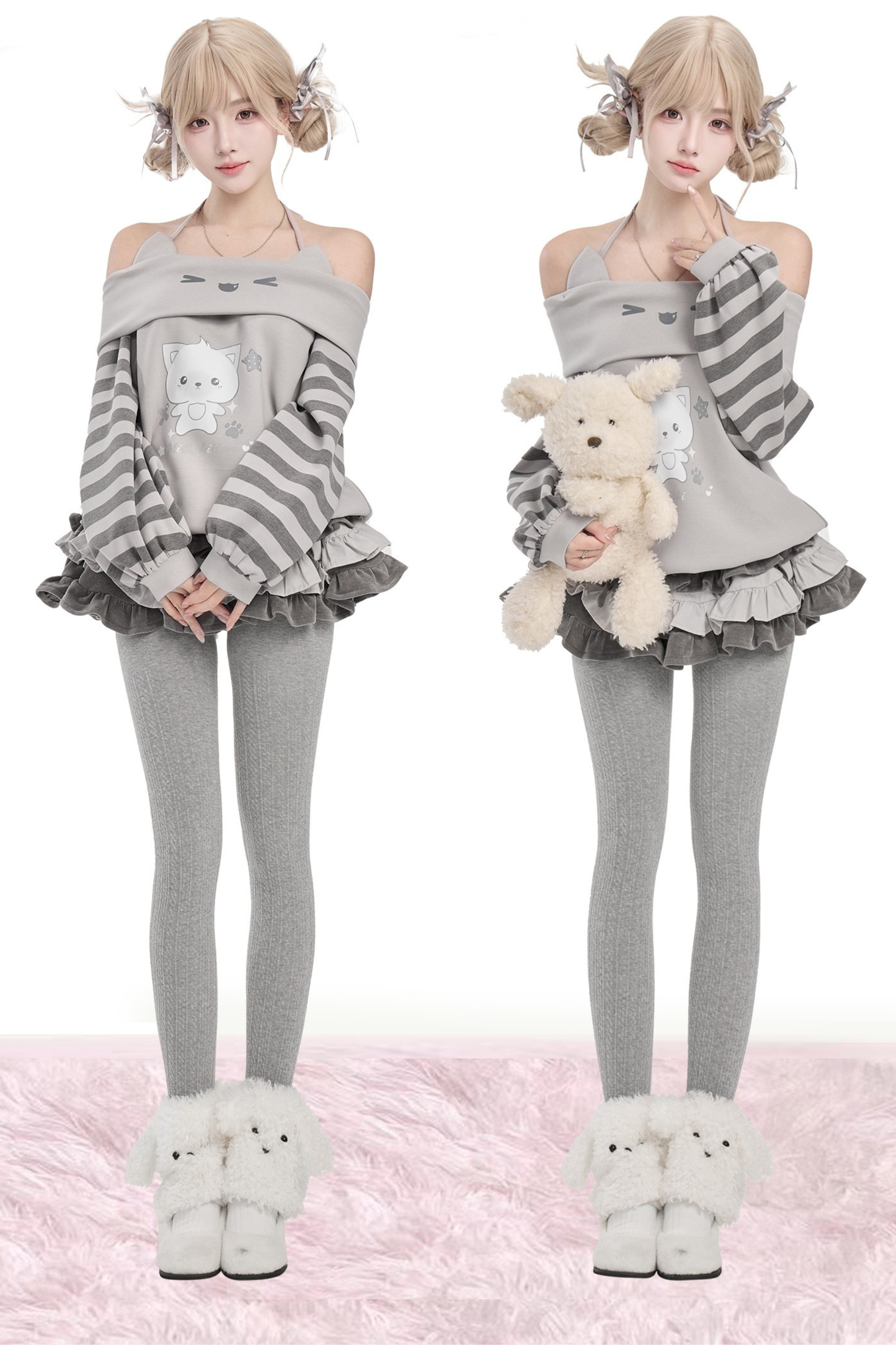 ストライプワンラインショルダーホルターネックトップス+スカート