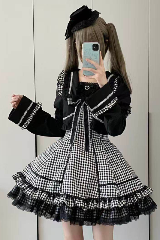 千鳥格子ダークスイートスリーブ付きロリータドレス