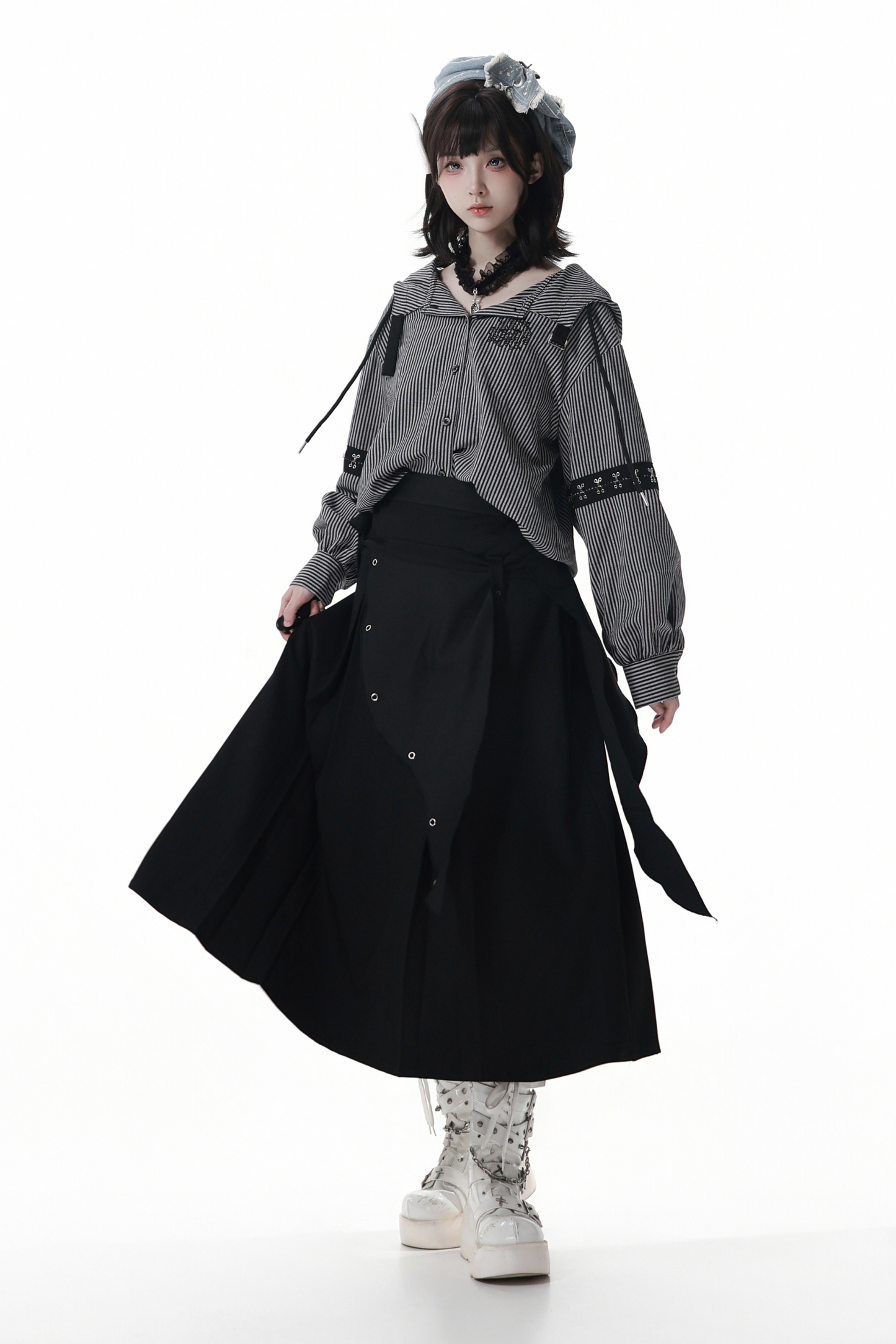 Striped Hooded Top + Long Skirt