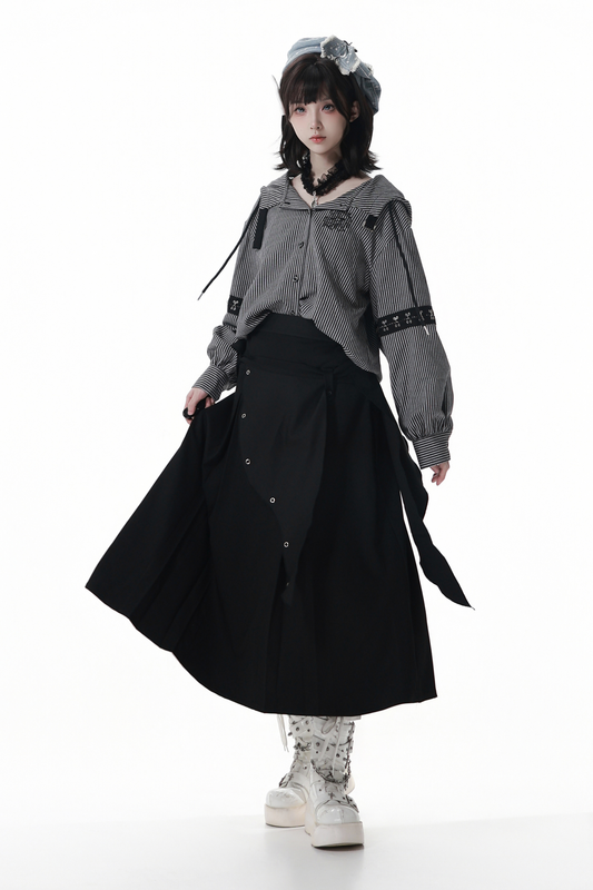 ストライプフードトップス+ロングスカート