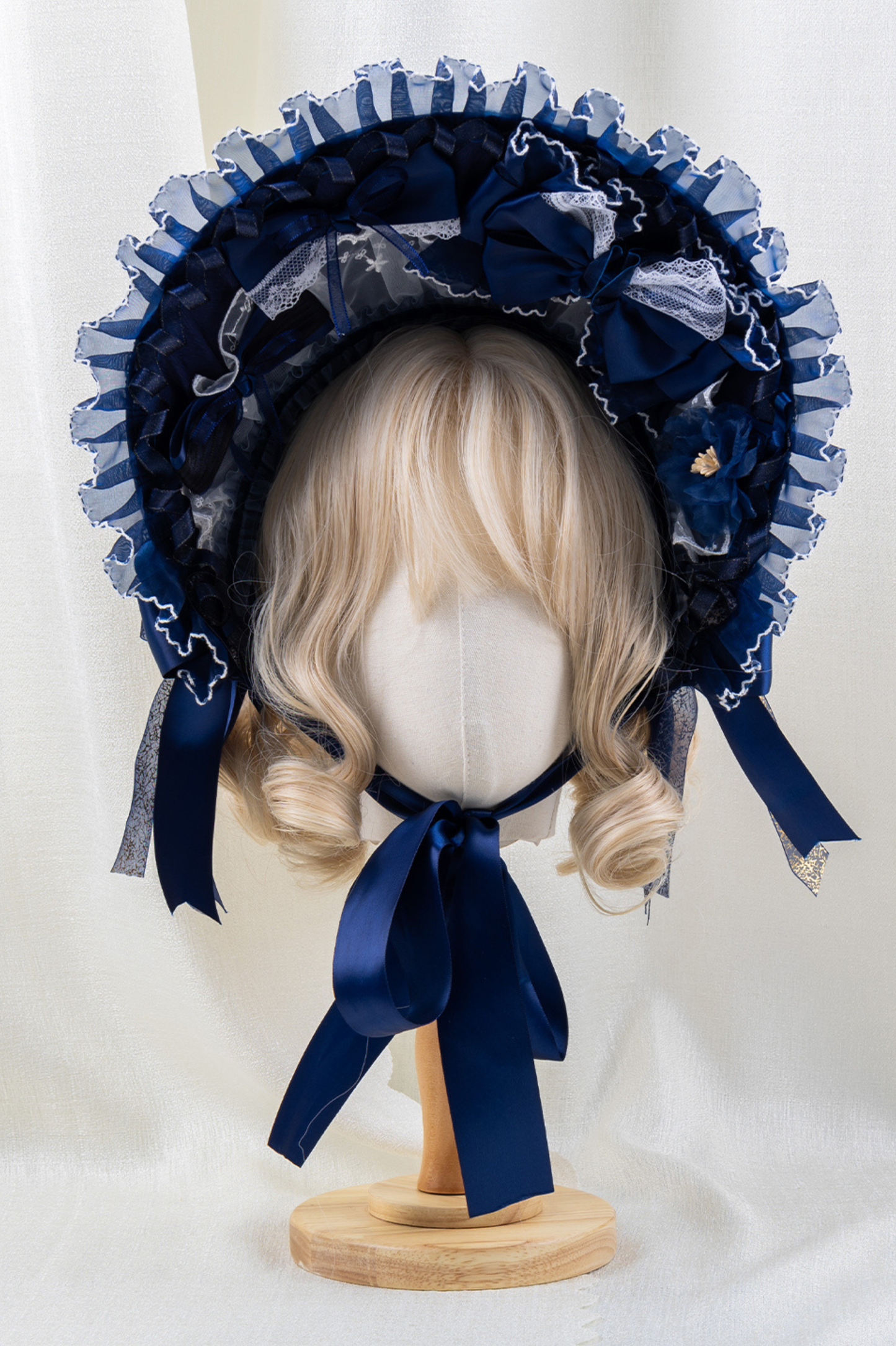 ネイビーブルーロリータボンネット+ヘアバンド+ハットクリップ+リボンクリップ
