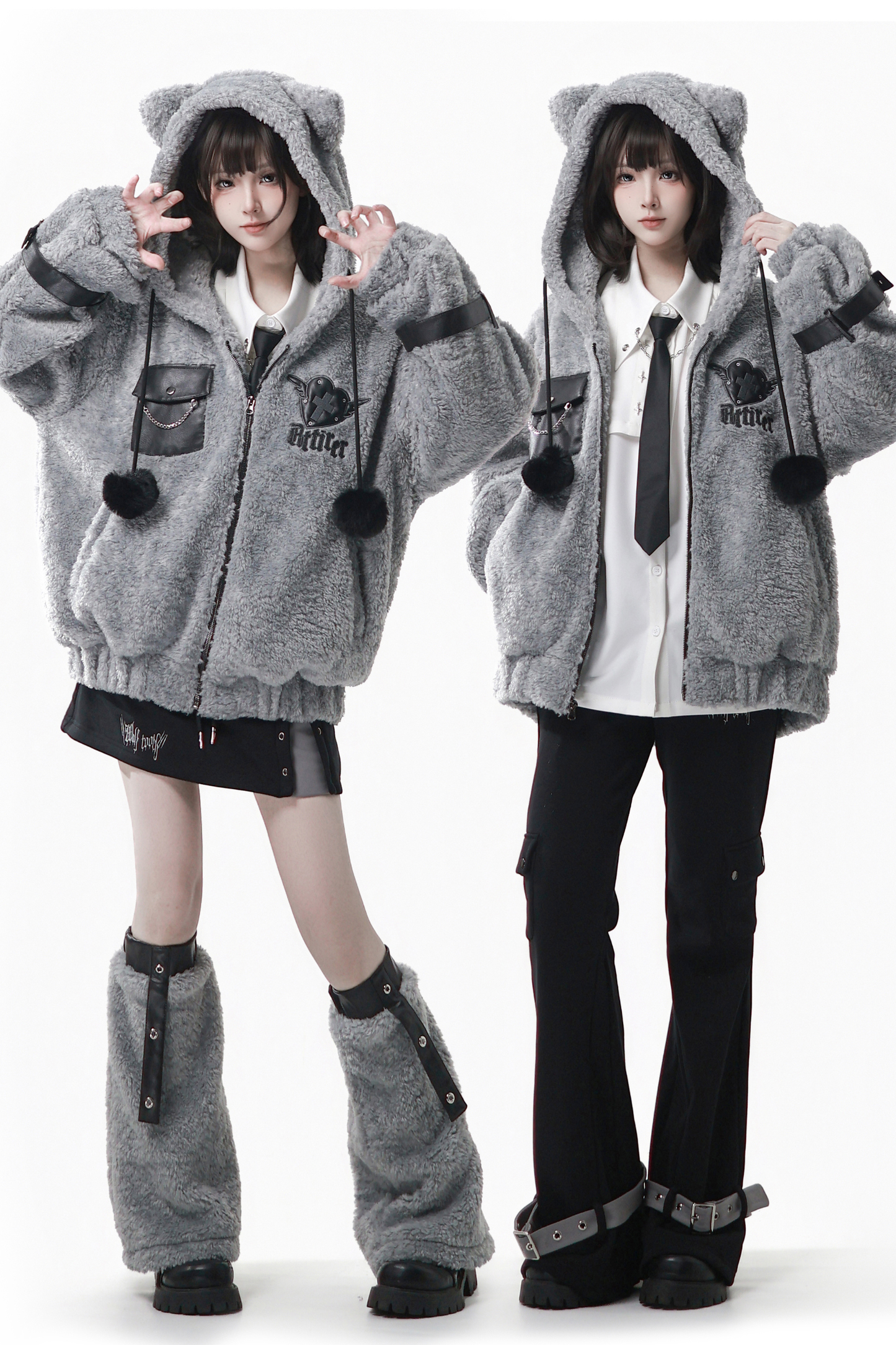 パッチワークファーフードコート+パンツ+シャツ+スカート+レッグカバー