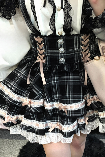 [Pre-order item] Frilled Ribbon Lace-up Suspender Skirt