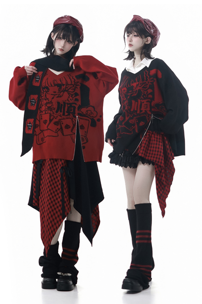 モードVネックニット+キュロット+スカート+レッグカバー+スカーフ