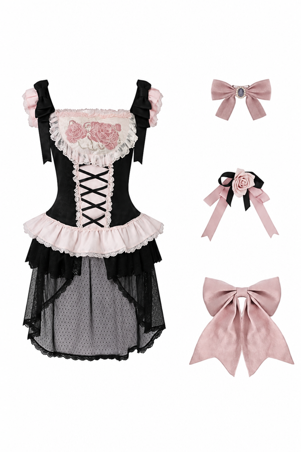【10月10日予約締切】Black Pink Romantic Rose Castle Classic Lolita Bustier Top( with 3 ribbon accessories)＋ Castle Print Pleated Skirt