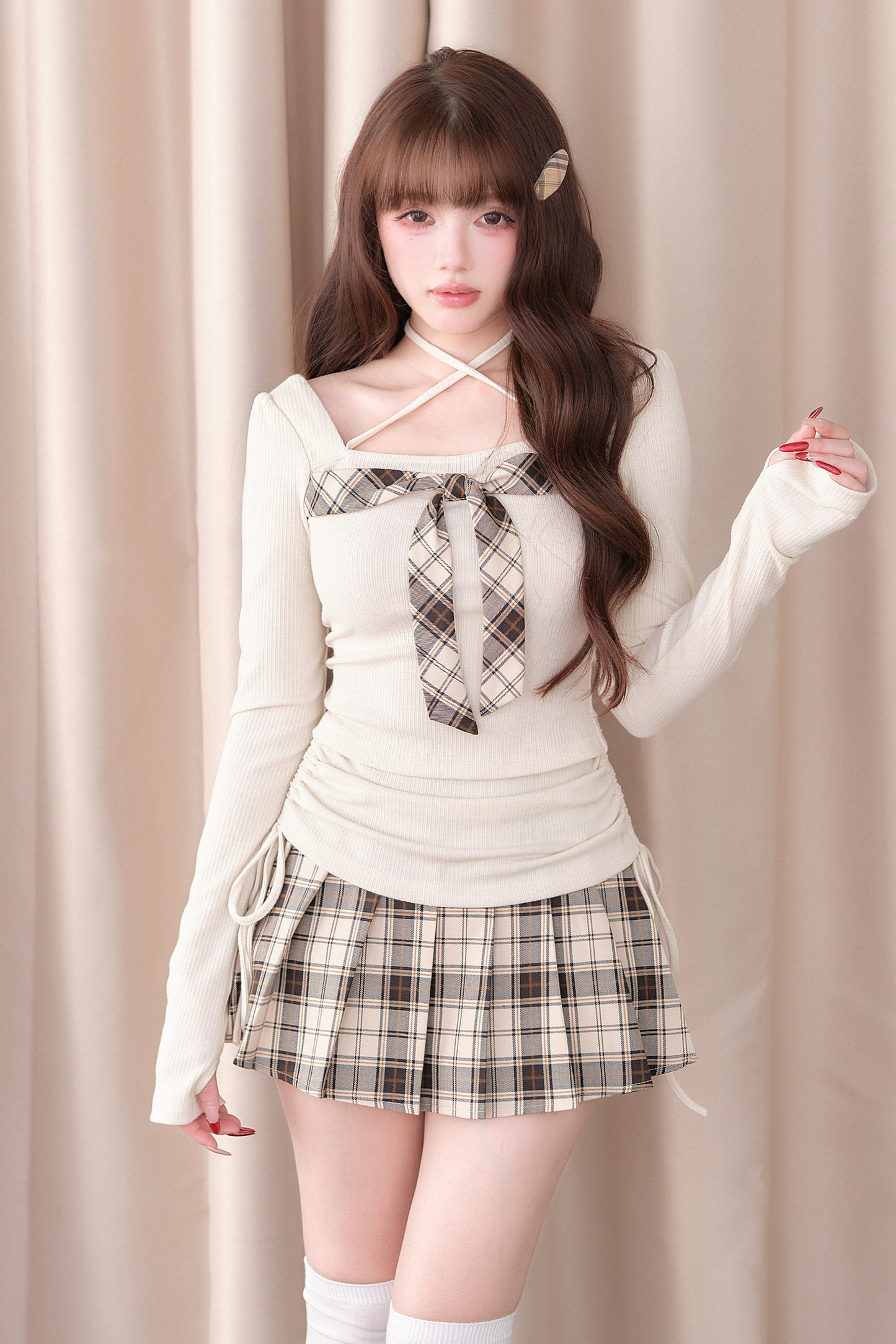 チェック柄リボンニットトップス+チェックスカート