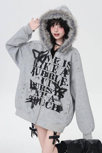 アメリカンレトロレターストリートファーフードパーカー