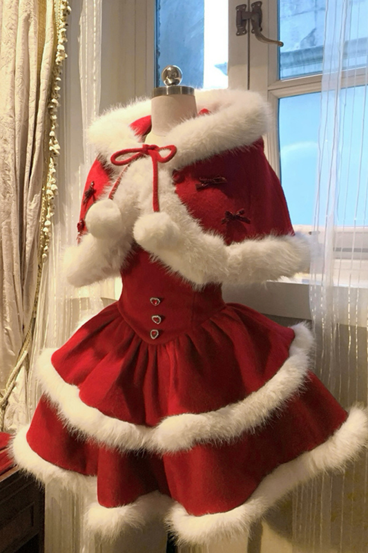 Red velvet cake fur coat + suspender skirt + sleeves