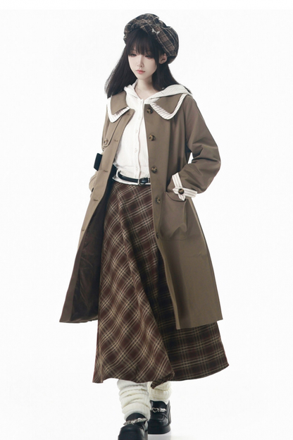 メープルトレンチコート+フードトップス+チェックスカート+シャツドレス