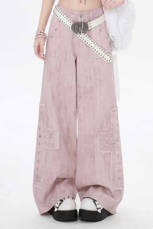 ピンクデニムハイウエストストレートレッグワークパンツ