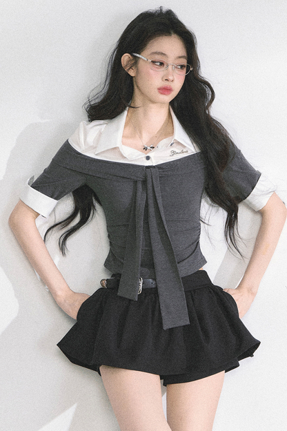 フレンチレディーウエストスリミングショートトップス