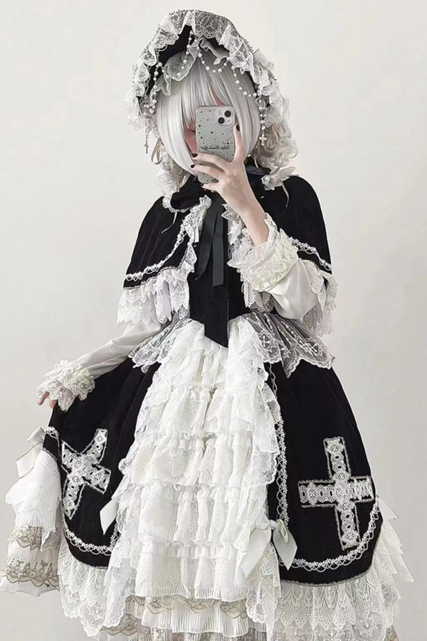 Gothic Doll Lace Jumperskirt + Bonnet + Shawl