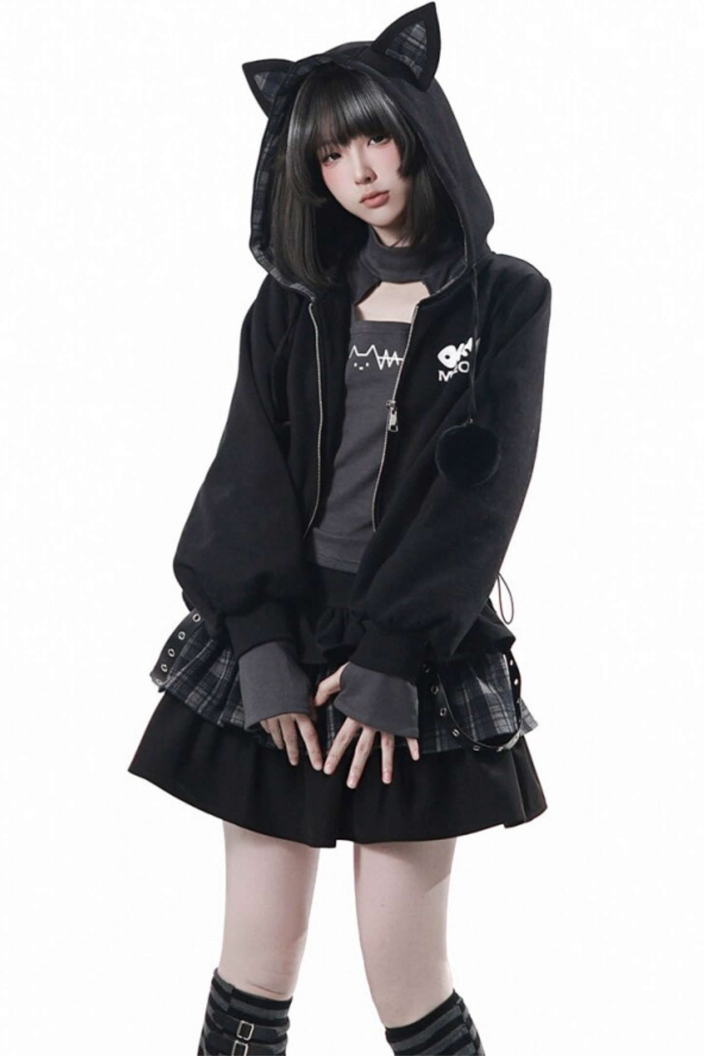 貓耳外套+蛋糕裙+上衣+條紋腿套