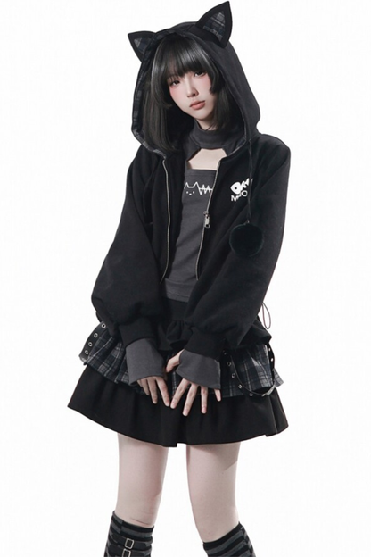 貓耳外套+蛋糕裙+上衣+條紋腿套