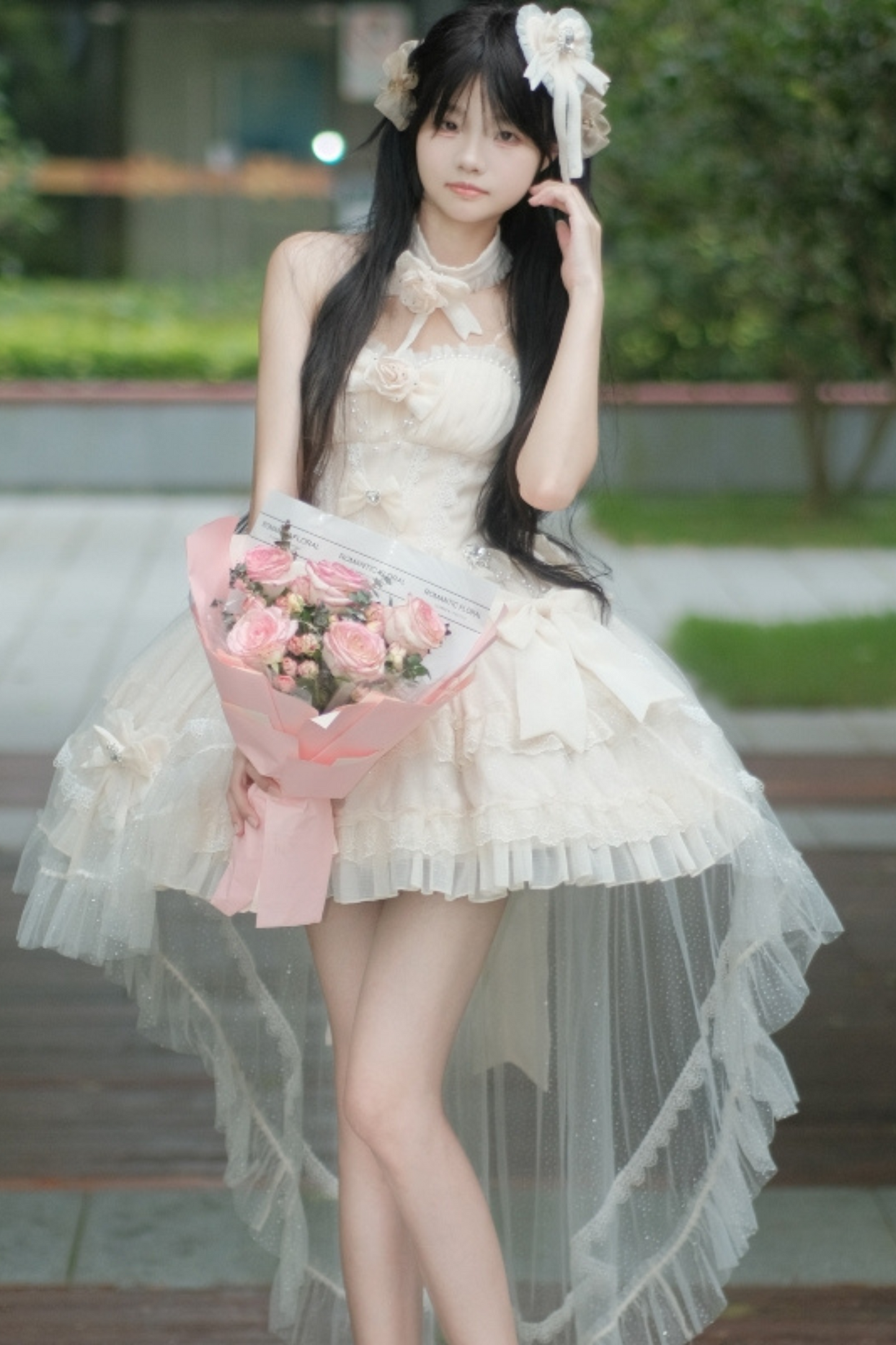 Flower Tube Top Lolita Dress + Sleeve + Head Accessories