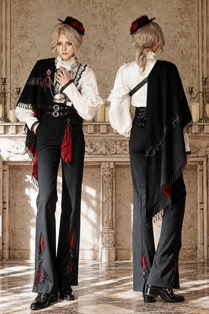 【10月2日予約締切】Gothic Beaded Lace Trim Knight One-Shoulder Cape (With Red Lining) + Jewel Chain Brooch
