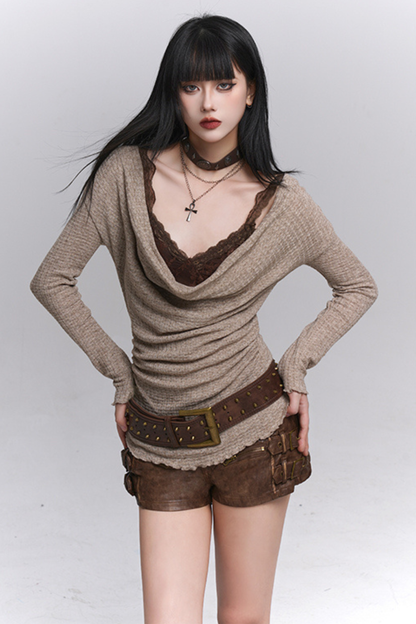 レースインナーY2Kオープンネックトップス