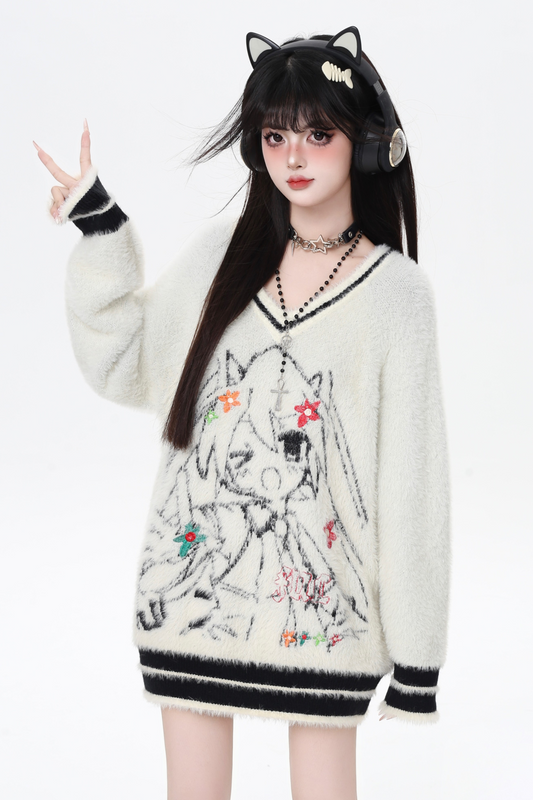 ミンクファーVネックルーズセーター