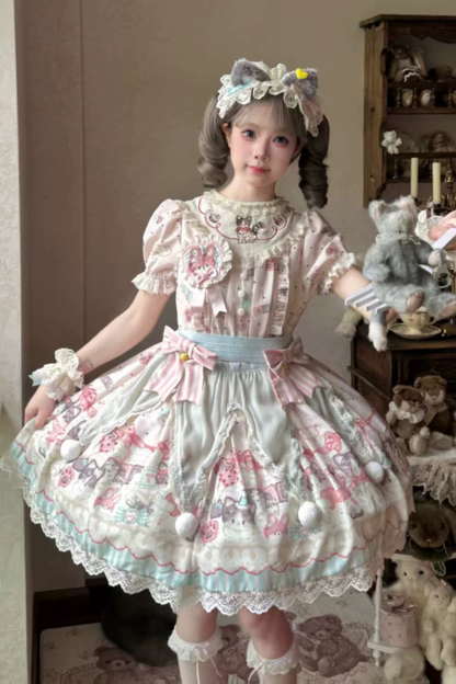 キャビネットロリータジャンパースカート+ドレス+ブローチ+ヘアバンド+ボンネット+エプロン+ハンドスリーブ