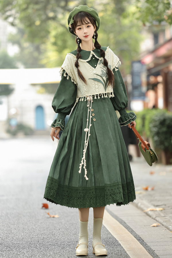 Dark green retro dress + vest